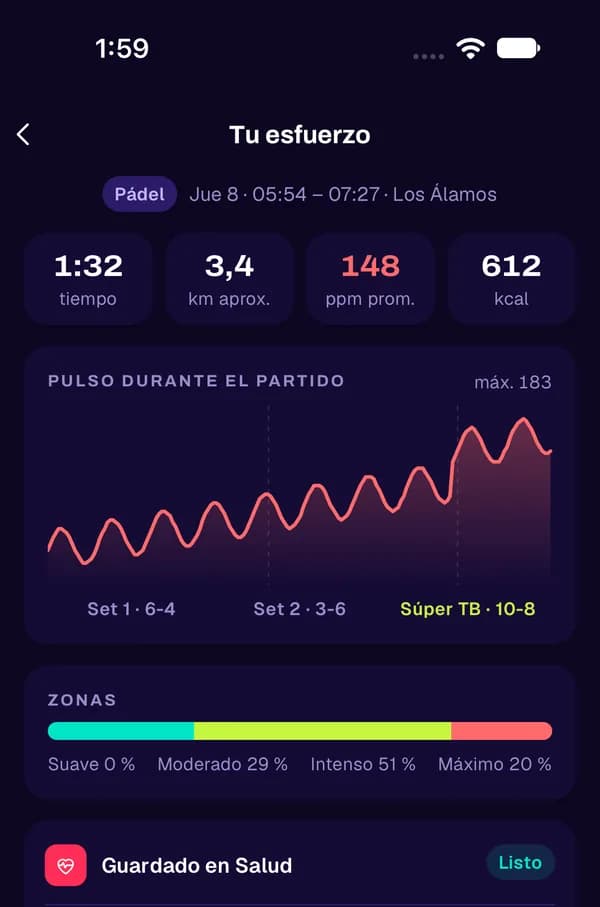 Pantalla Tu esfuerzo: duración, pulso promedio y calorías del partido, pulso por set y guardado en Salud.