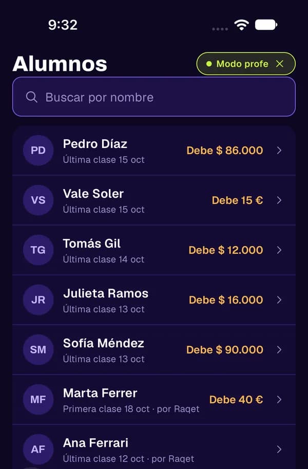 Pantalla Alumnos: lista con la última clase y lo que debe cada uno.