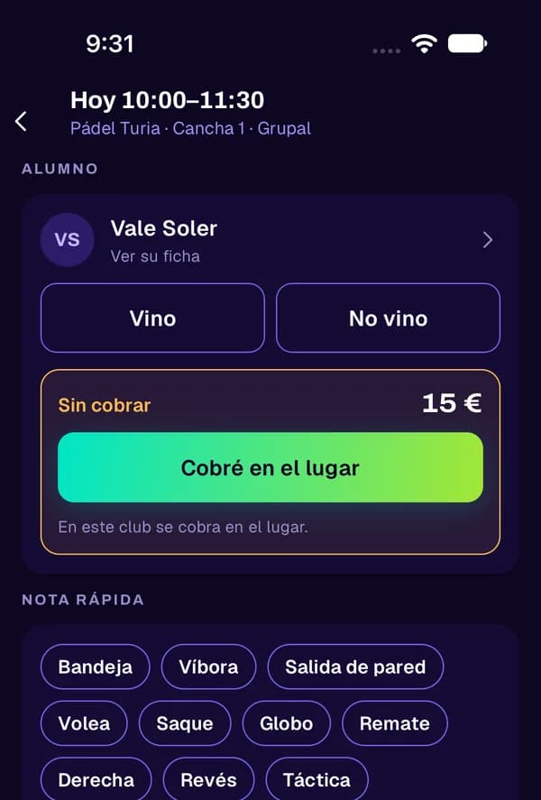 Pantalla de una clase: el alumno, vino o no vino, cobré en el lugar y la nota rápida.