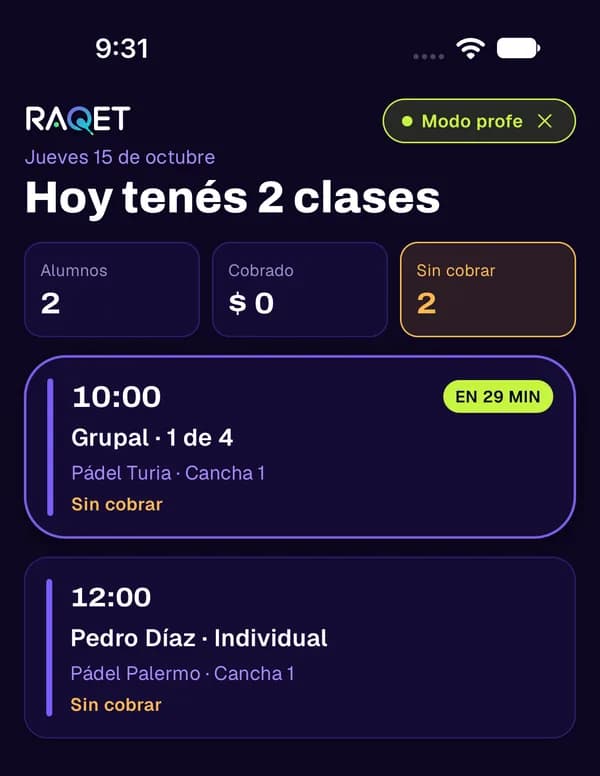 Pantalla Hoy del modo profe con las clases del día.