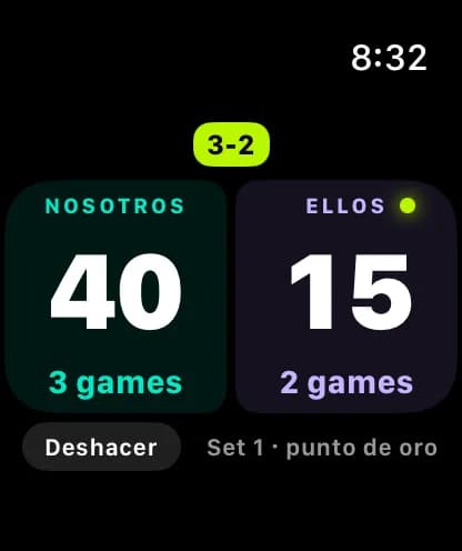 El tanteador de Raqet en el Apple Watch: Nosotros 40, Ellos 15, 3 games a 2.